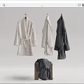 Hanging Robes in White Light Gray Dark Gray and Folded on Wooden Stool