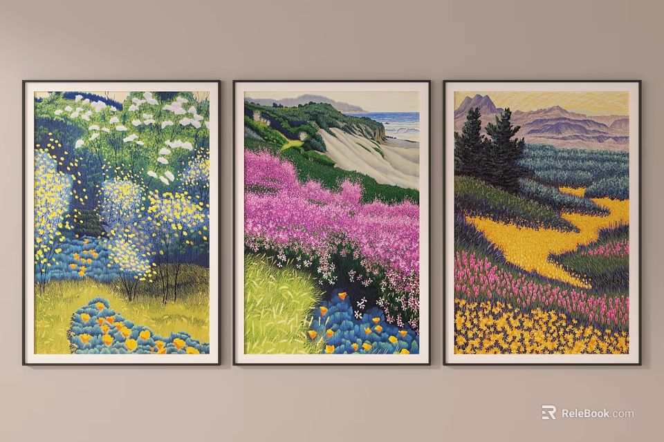 Three Landscape Paintings Hung on Wall with Colorful Flower Fields Mountains and Sea 3d model 