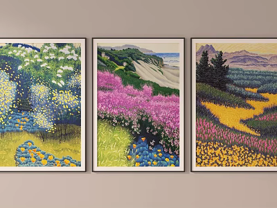 Three Landscape Paintings Hung on Wall with Colorful Flower Fields Mountains and Sea 3d model