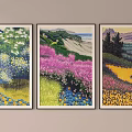 Three Landscape Paintings Hung on Wall with Colorful Flower Fields Mountains and Sea