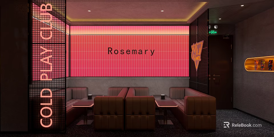 Rosemary Bar Interior With Pink Tiled Wall Brown Leather Booths And Cold Heat Neon Sign 3d model 