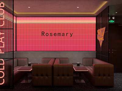 Rosemary Bar Interior With Pink Tiled Wall Brown Leather Booths And Cold Heat Neon Sign 3d model