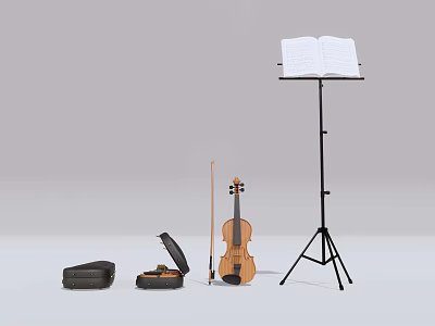 Classic Violin Set With Bow Case Music Stand And Open Sheet Music 3d model