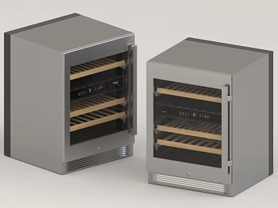 Modern Silver Kitchen Wine Coolers With Open Doors And Wooden Shelves 3d model