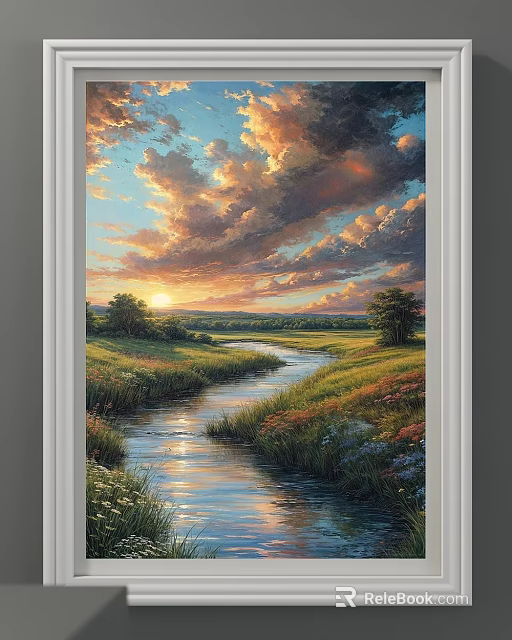 Scenic Landscape Painting with Sunset Clouds Flowing River Green Grassland and Trees 3d model 