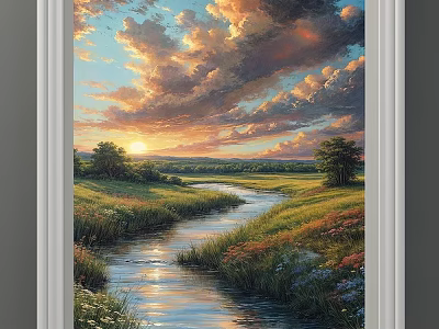 Scenic Landscape Painting with Sunset Clouds Flowing River Green Grassland and Trees 3d model