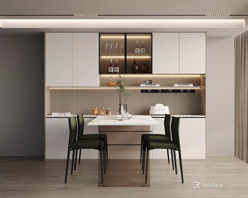 Modern White Sideboard With Glass Door Wine Cabinet And Dining Table Green Chairs 3d model 