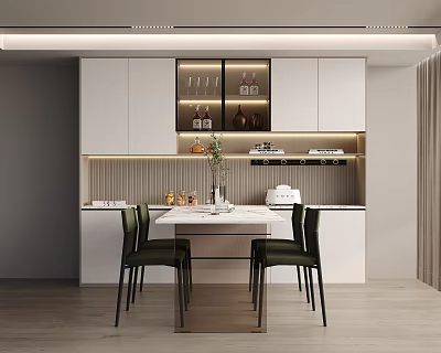Modern White Sideboard With Glass Door Wine Cabinet And Dining Table Green Chairs 3d model