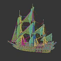 Cartoon Scene Sailing Ship With Green White Sails And Ornate Hull Details