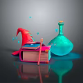 Magical Wizardry Scene With Red Wizard Hat Colorful Book Pencil Blue Magic Bottle And Sparkles