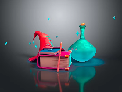 Magical Wizardry Scene With Red Wizard Hat Colorful Book Pencil Blue Magic Bottle And Sparkles 3d model
