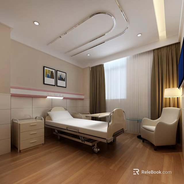 Hospital Room Interior With Bed Nightstand Armchair Framed Pictures Curtains And Wooden Floor 3d model 