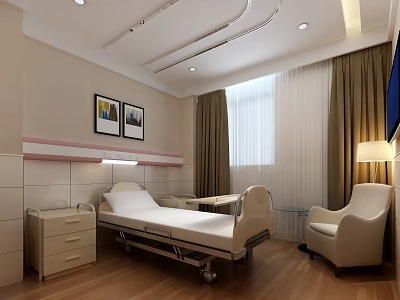 Hospital Room Interior With Bed Nightstand Armchair Framed Pictures Curtains And Wooden Floor 3d model