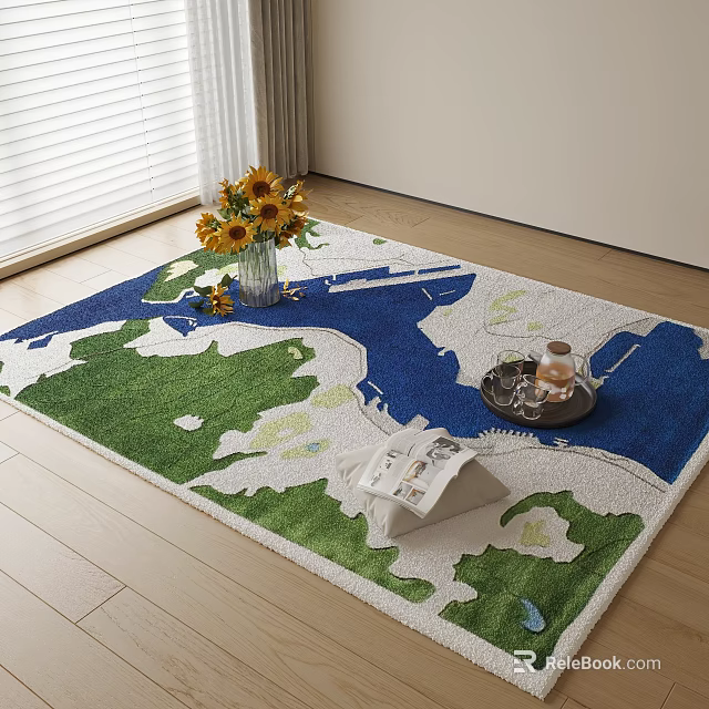 Square Carpet With Blue Green White Natural Design And Sunflower Vase On Wooden Floor 3d model 