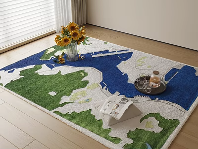 Square Carpet With Blue Green White Natural Design And Sunflower Vase On Wooden Floor 3d model