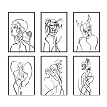 Minimalist Line Art Wall Art Set of Six with Abstract Figures and Wooden Frames