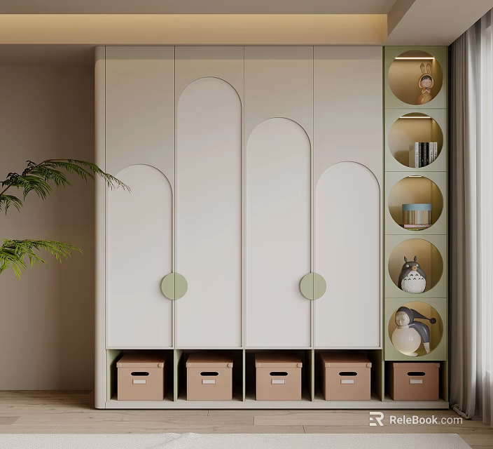 Modern Light Green And White Wardrobe With Round Handles Storage Boxes And Decorative Items 3d model 