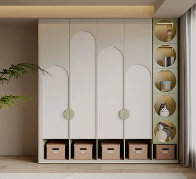 Modern Light Green And White Wardrobe With Round Handles Storage Boxes And Decorative Items 3d model