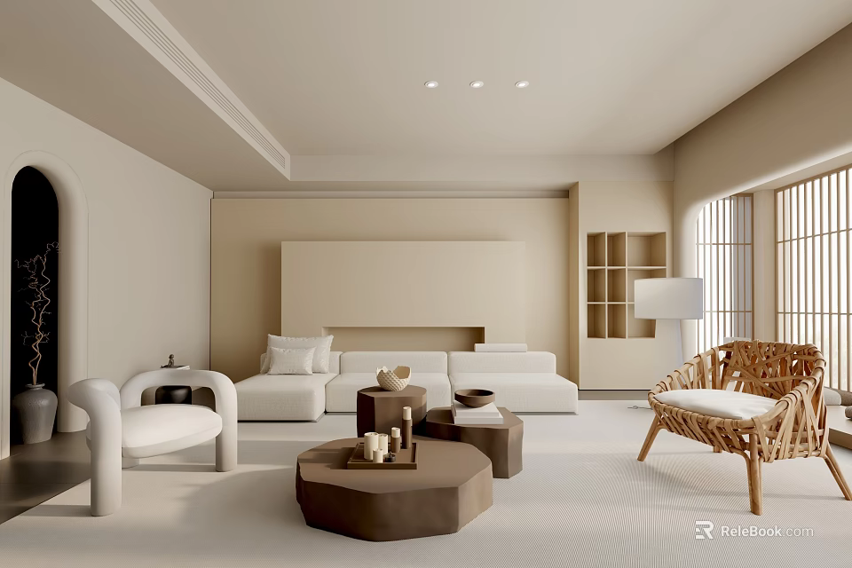 Modern Living Room Interior With Neutral Tones White Sofa Wicker Chair And Round Coffee Tables 3d model 