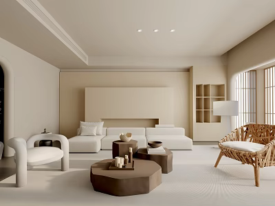 Modern Living Room Interior With Neutral Tones White Sofa Wicker Chair And Round Coffee Tables 3d model