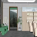 Modern Hair Salon Interior With Styling Chairs Round Mirrors And Wooden Shelves