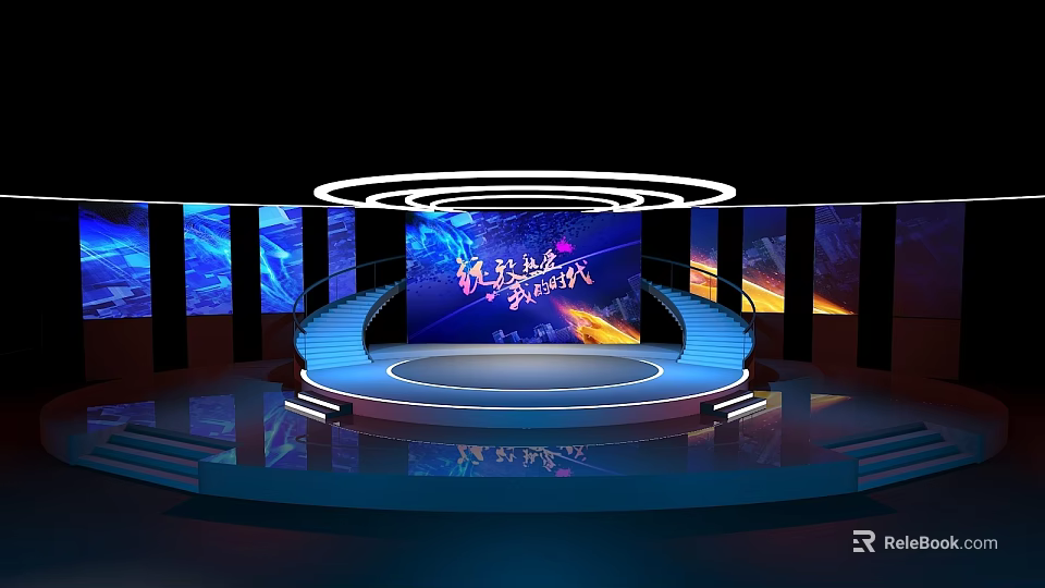 Modern Stage Design With Round Platform Blue Lighting And Large Screens 3d model