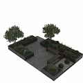 Shrubs in Modern Courtyard Landscape with Planter Boxes Stone Patio and Bench