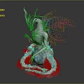 Mystical Skeleton Animal With Horns Blue Red Gradient Wings Feathered Body Holding Blue Glowing Orb