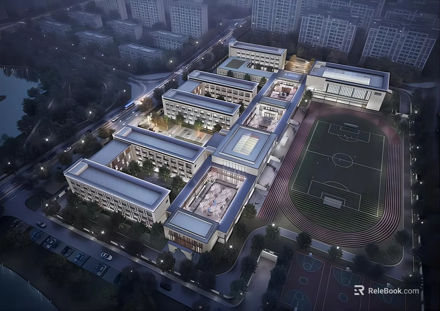 Modern School Building Complex With Multiple Structures Sports Field And Night Illumination Design 3d model 