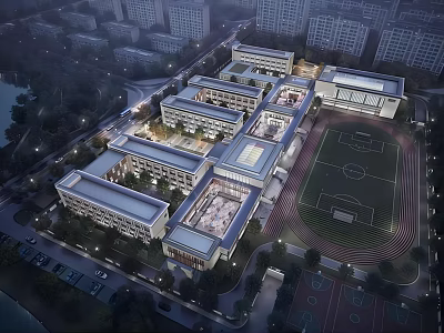 Modern School Building Complex With Multiple Structures Sports Field And Night Illumination Design 3d model