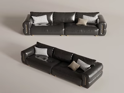 Black Leather Multi Person Sofa With Patterned And Solid Cushions And Metal Legs 3d model