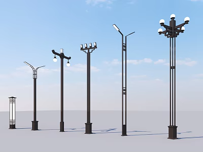 Outdoor Street Lights With Various Designs Including Multiple Heads And Decorative Styles 3d model