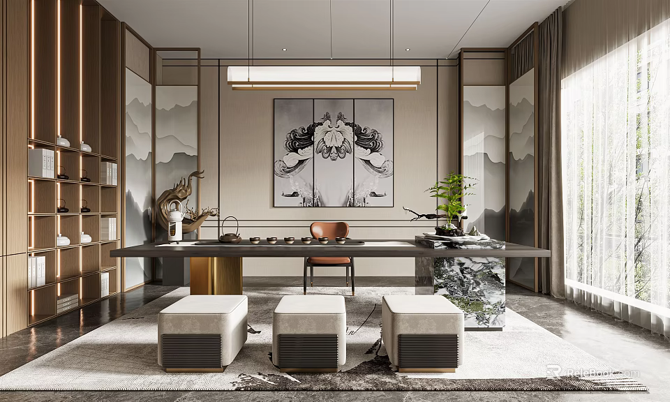Modern Tea Room With Long Wooden Table Stools Wall Painting Potted Plant And Natural Light 3d model 