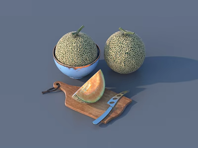 Fresh Honeydew Melons In Blue Bowl With Sliced Piece On Wooden Cutting Board And Knife 3d model
