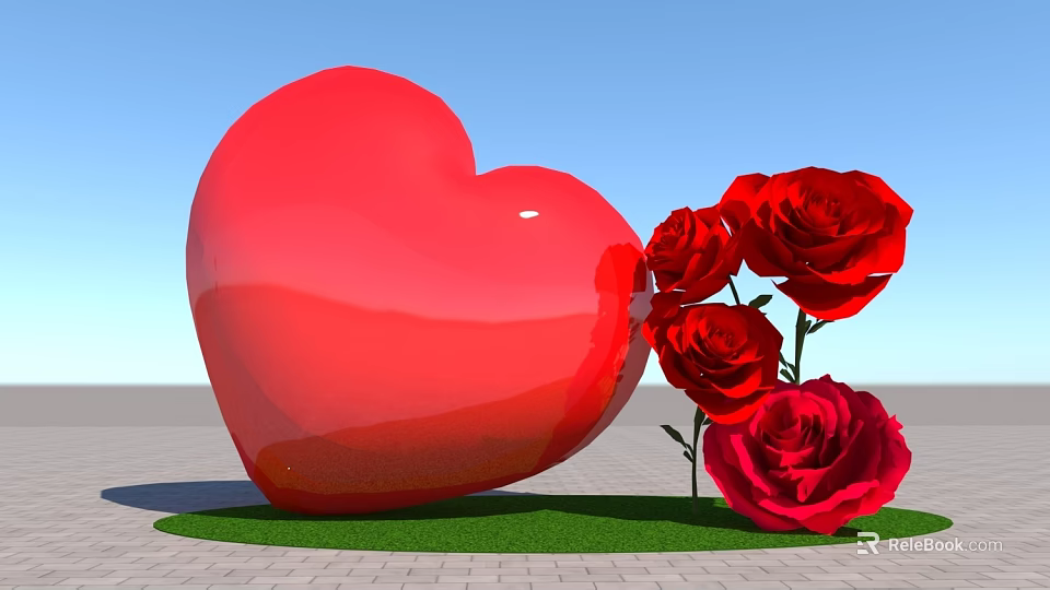 Red Heart Shaped Inflatable Decor with Red Roses on Green Grass and Blue Sky 3d model 