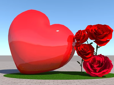 Red Heart Shaped Inflatable Decor with Red Roses on Green Grass and Blue Sky 3d model