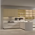 Modern Open Concept Kitchen Interior With Beige Cabinets Marble Island Counter And Appliances