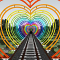 Rainbow Colored Heart Shaped Pergola with Central Pathway Green Trees and Grassy Area