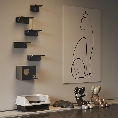 Stylish Cat Household Supplies With Wall Shelves Scratching Post Litter Box And Art 3d model