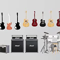 Assorted Acoustic Electric Guitars Drum Set and Marshall Amplifiers Musical Instruments Collection