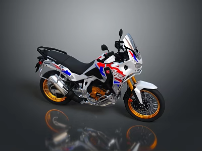 Adventure Motorcycle With Red White Blue Body Gold Wheels Windshield And Black Seat 3d model