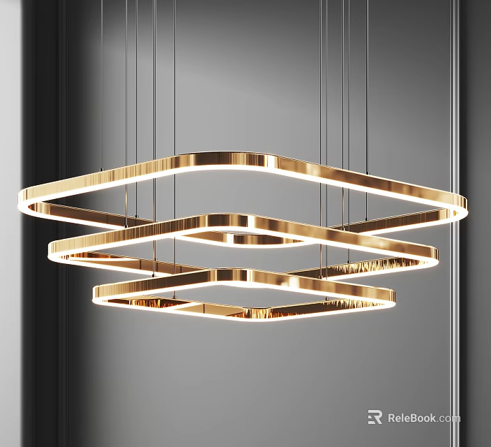 Elegant Modern Gold Three Tier Ring Chandelier Hanging In Interior Space 3d model 