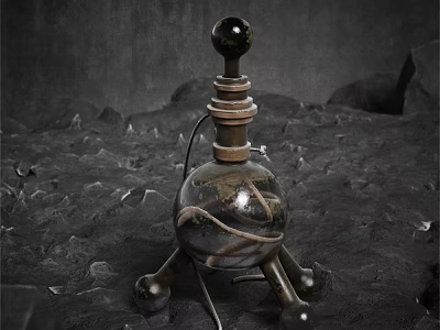 Decorative Ornament Set With Spherical Top Wooden Base And Metal Stand On Textured Surface 3d model