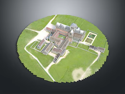 European Architecture Complex Featuring Central Courtyard Green Lawns And Garden Pathways 3d model