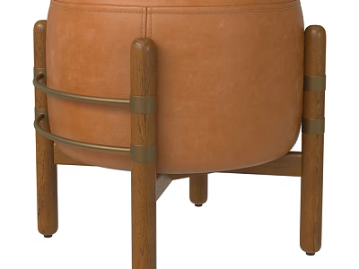 Stylish Brown Leather Ottoman With Wooden Legs And Metal Straps 3d model