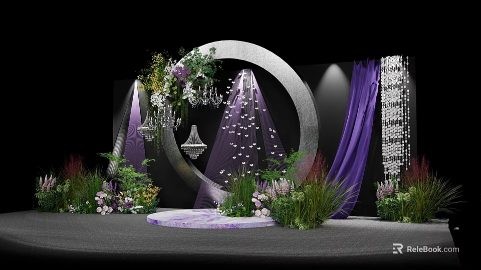 Elegant Stage Setup With Purple Curtains Circular Silver Decor Chandeliers And Floral Arrangements 3d model 