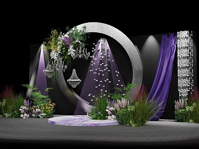 Elegant Stage Setup With Purple Curtains Circular Silver Decor Chandeliers And Floral Arrangements 3d model