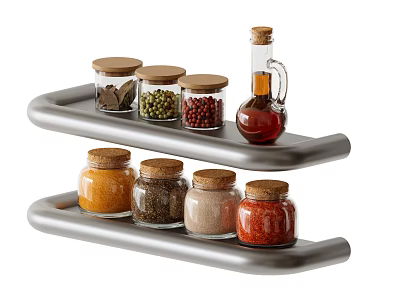 Glass Spice Jars with Wooden Lids on Two Tier Kitchen Rack for Seasoning Storage 3d model