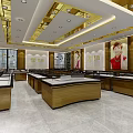 Elegant Jewelry Store Interior With Golden Ceiling Wooden Glass Display Counters And Bright Lighting