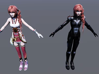 Red Haired Twin Tailed Game and Movie Characters With Traditional And Modern Combat Outfits 3d model